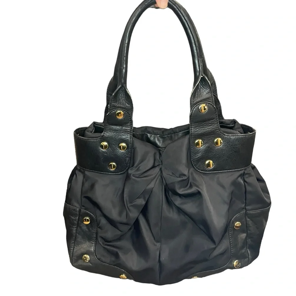 Per Se By Carlisle Black Nylon Leather Purse With Gold Accents Shoulder Bag - Picture 10 of 15
